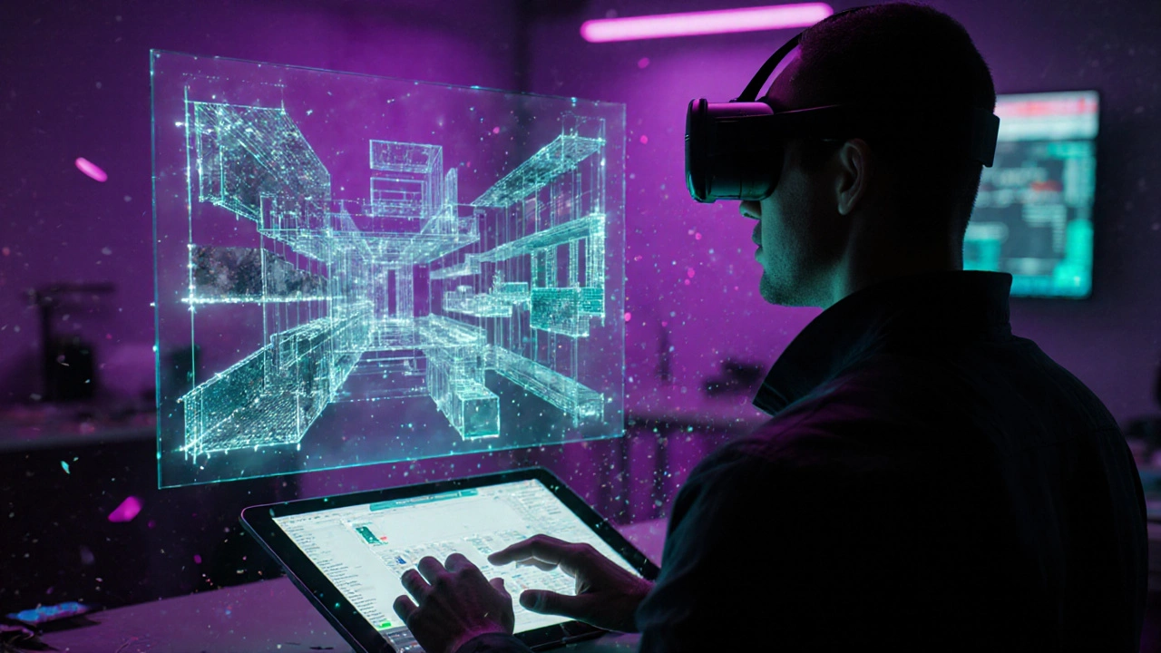 3D‑дизайнер в AR‑очках взаимодействует с голограммой здания.