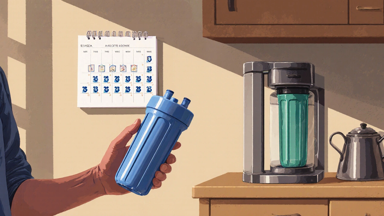 Человек меняет фильтр для воды в домашней обстановке с пометками в календаре.