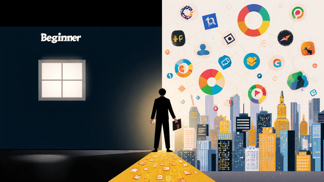 Человек стоит между темной комнатой 'Новичок' и ярким городом 'Дизайнер', держа портфолио, путь к успеху состоит из маленьких проектов.