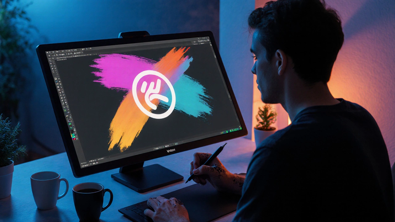 Дизайнер работает на цифровой доске в тихой студии с яркими формами на экране.