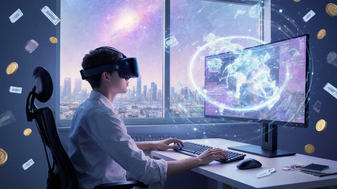 Дизайнер работает удалённо, окружён голографическими 3D‑моделями и анимацией, символизирующей рост доходов.