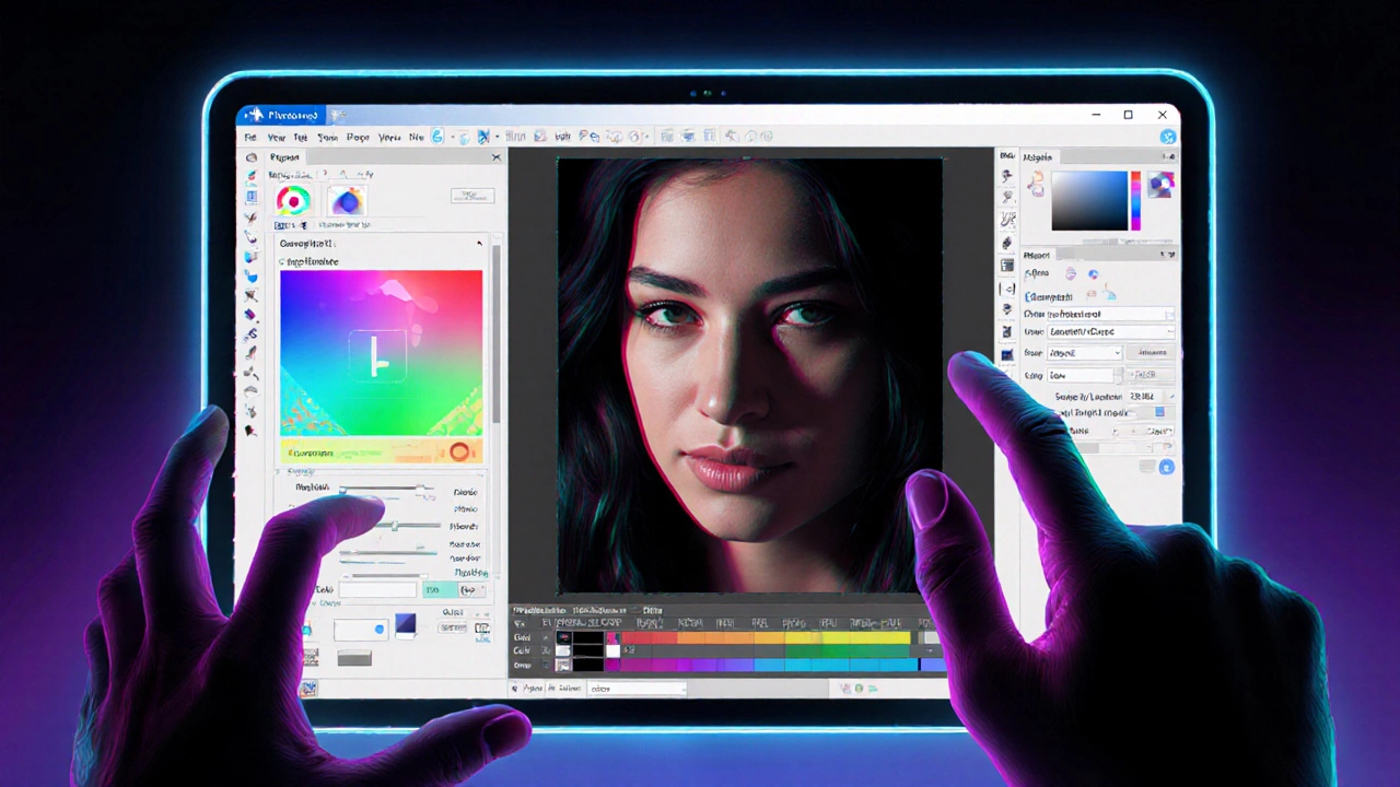 Дизайнер редактирует фото, открыты окна Photoshop, Affinity Photo и GIMP.