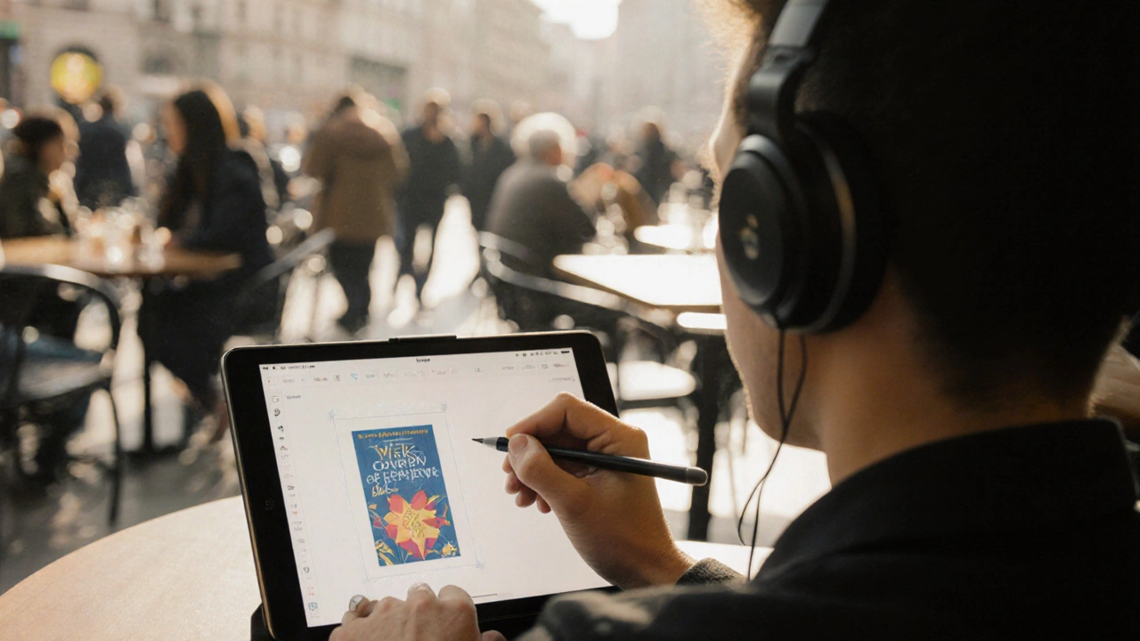 Дизайнер рисует на iPad в кафе, за окном — оживлённая улица.