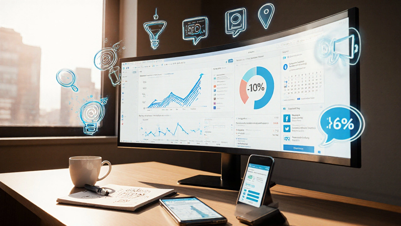 Фотографическая сцена рабочего места маркетолога с аналитическими графиками, контент‑календарём и иконками SEO, рекламы и соцсетей.