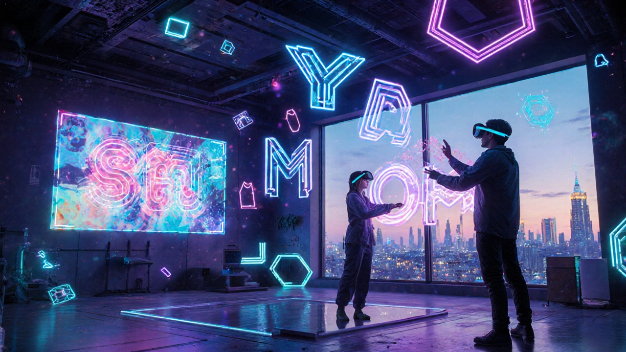 Футуристичная лаборатория в технопарке, дизайнеры используют AR‑очки и голографические AI‑изображения.