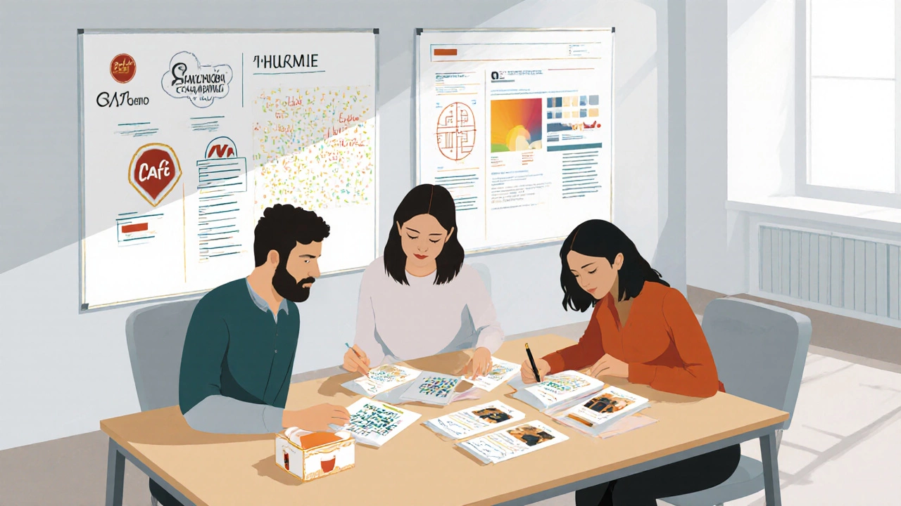 Группа дизайнеров обсуждает бренды в современной студии, на столе лежат макеты логотипов и упаковок, на досках — заметки о цвете и типографике.