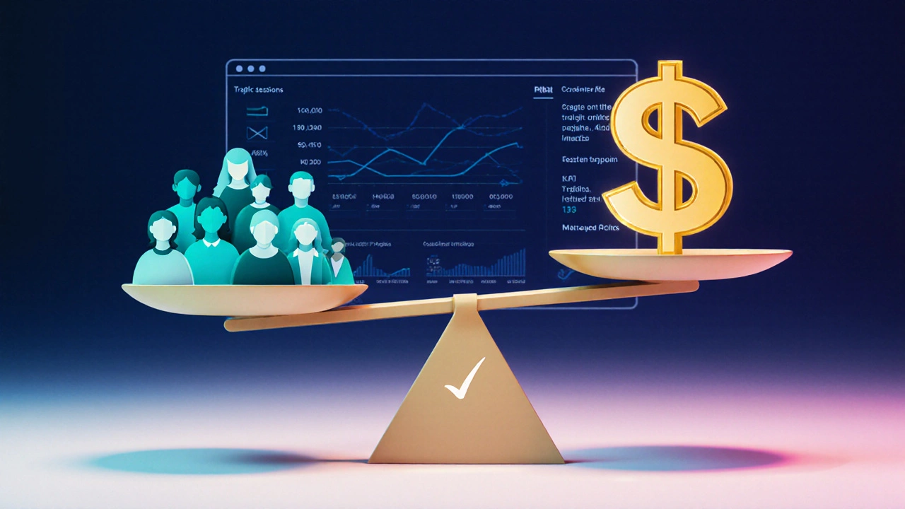 Минималистический рисунок весов, где на одной чаше avatars‑трафика, а на другой — золотой символ конверсии.