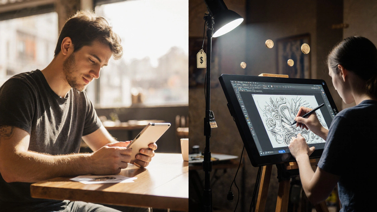 Сцена разделена: дизайнер работает на iPad Pro в кафе и на Wacom Cintiq в студии.