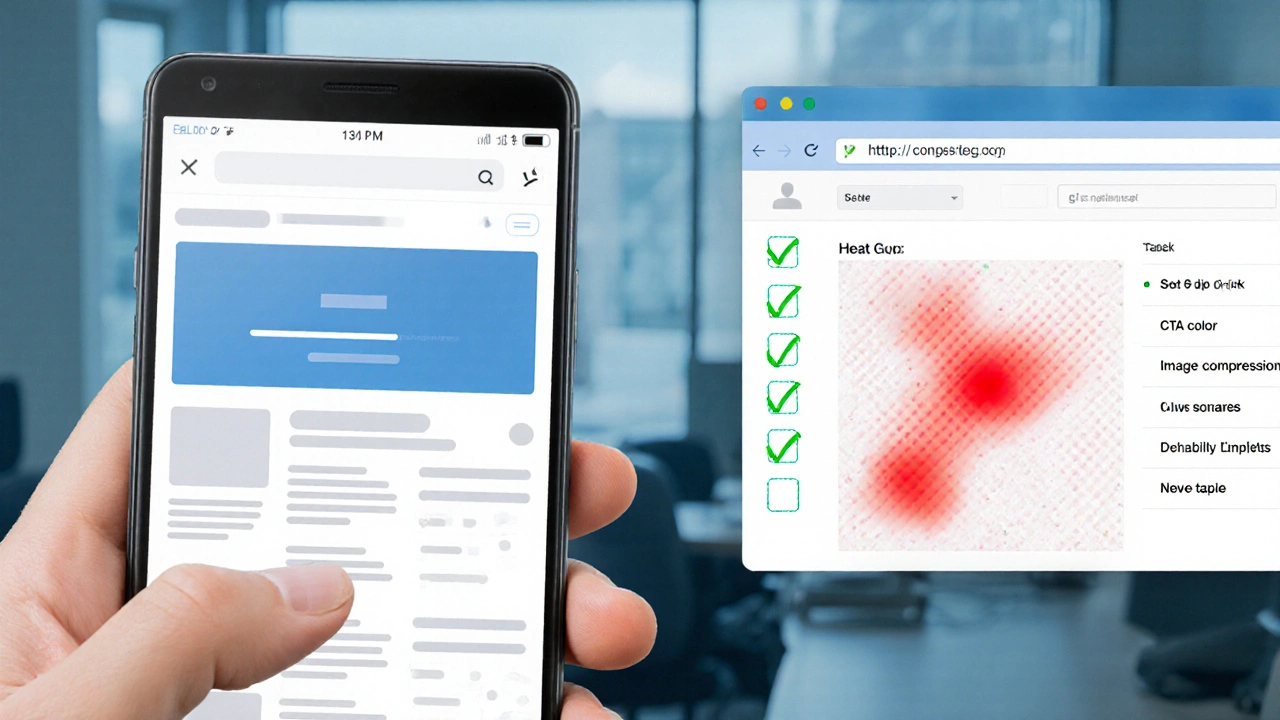 Сцена тестирования: пользователь на мобильном устройстве, тепловая карта кликов и чек‑лист улучшений.