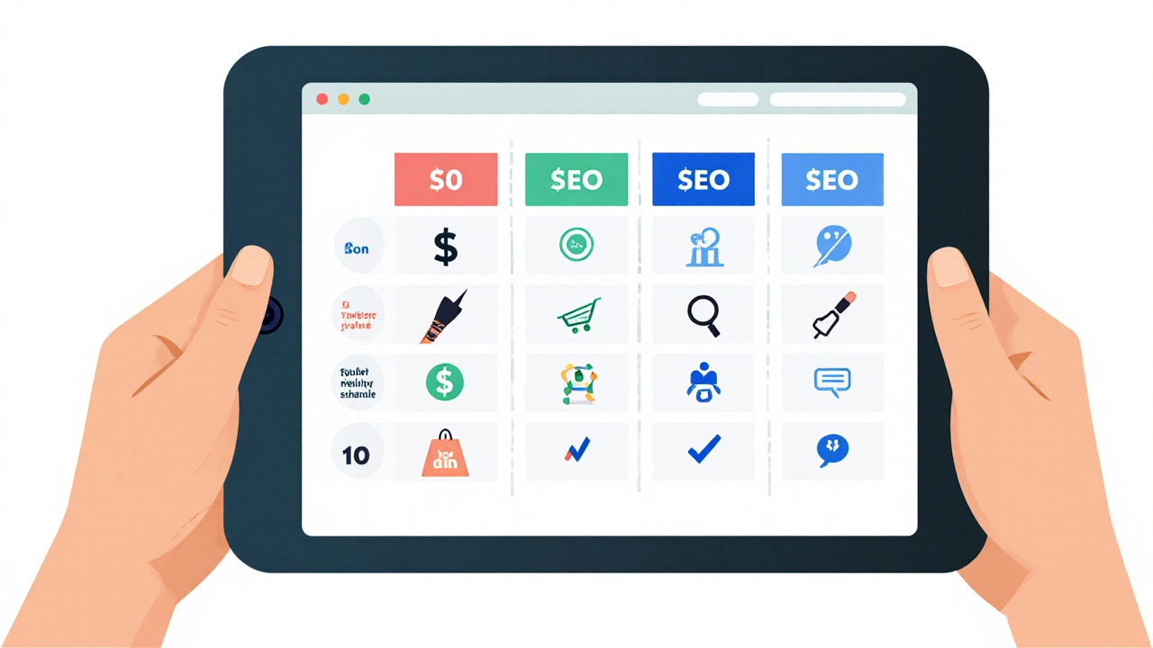Сравнительная доска с иконками стоимости, дизайна, SEO и e‑commerce для шести конструкторов.