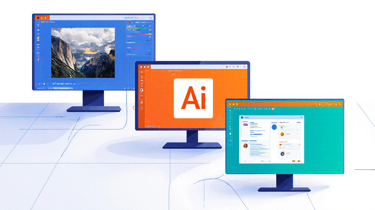 Три монитора, показывающие интерфейсы Photoshop, Illustrator и Figma.