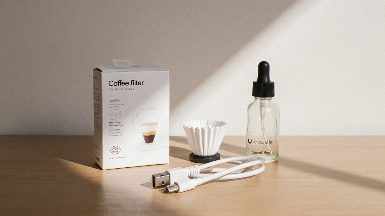 Три повторяющихся товара: фильтр для кофемашины, зарядный кабель и средство для волос на деревянной поверхности.