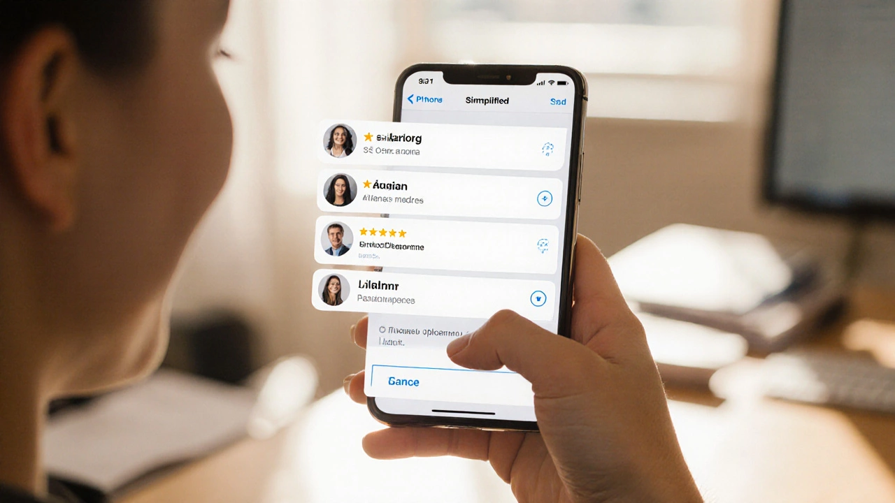 Упрощённая форма на телефоне с отзывами клиентов, светлый уютный интерьер.