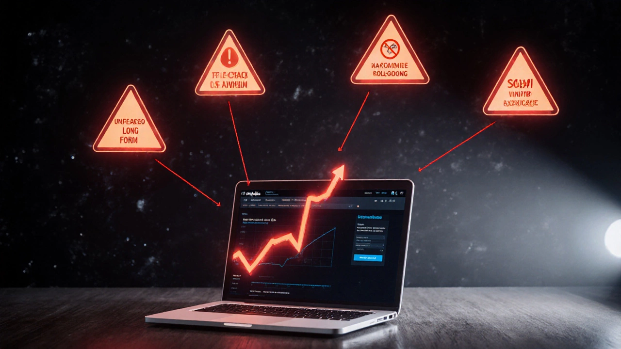 Веб-сайт с пятью предупреждениями, снижающими конверсию, на фоне падающего графика.