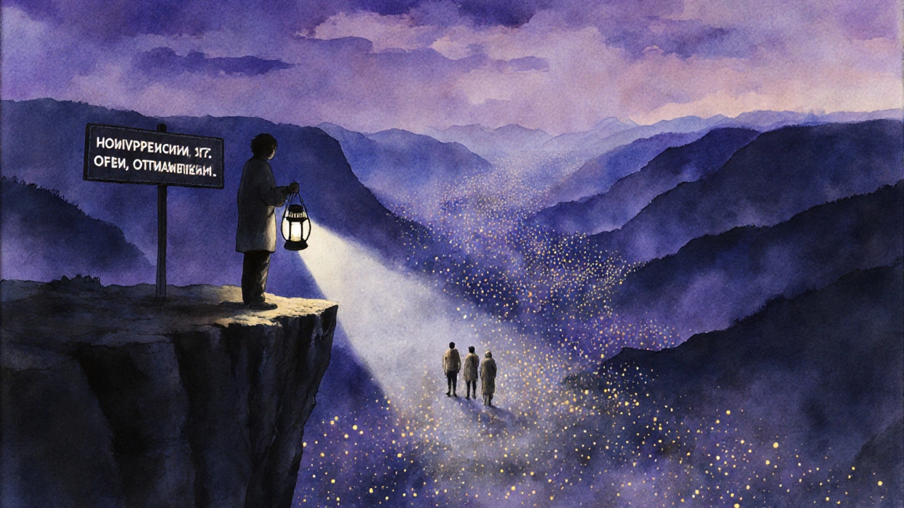 Человек с фонарём освещает трёх людей в туманной долине, где тысячи посетителей теряются в мгле.