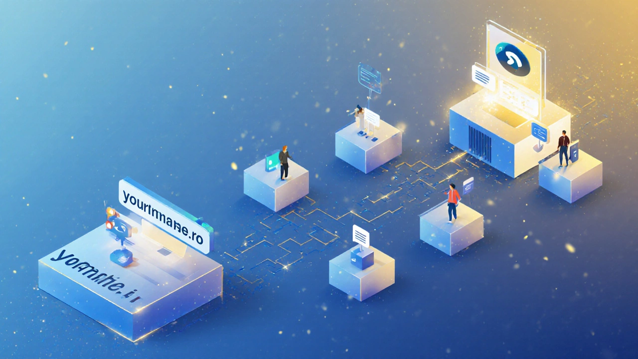 Цифровой путь от бесплатного адреса к профессиональному домену, с иконками клиентов и светящимся адресом.