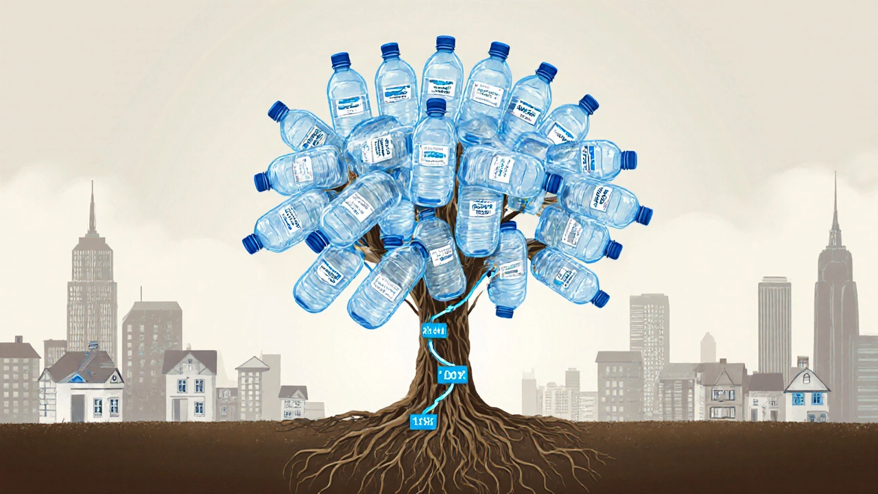 Дерево, сделанное из бутылок воды, соединяет дома в городе, символизируя постоянный спрос.