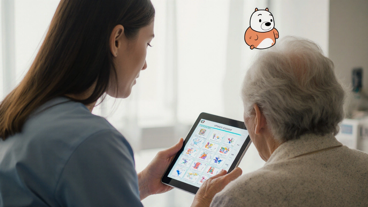 Дизайнер объясняет пациенту визуальное руководство в клинике, используя понятную анимацию.