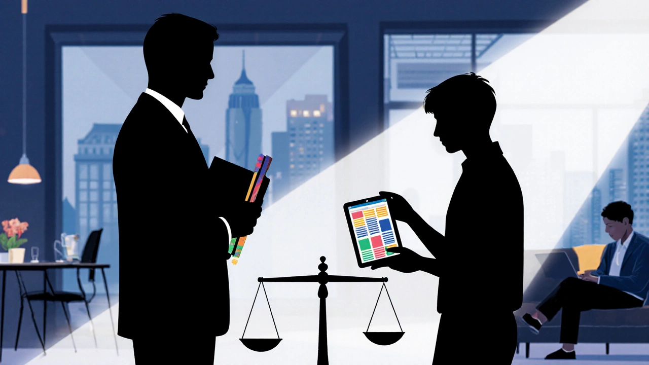 Две фигуры на весах: диплом против портфолио — портфолио перевешивает, показывая, что навыки важнее формального образования.