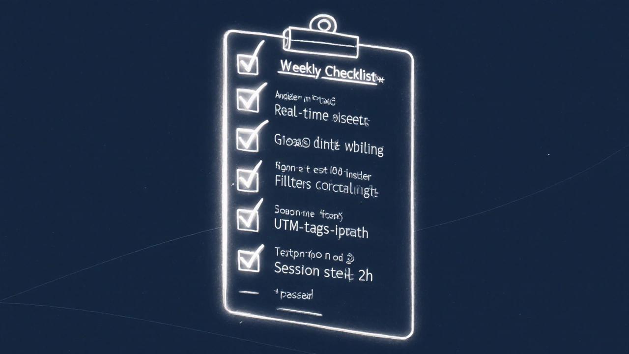 Еженедельный чек-лист аналитики с проверенными пунктами, светящийся галочка в центре.