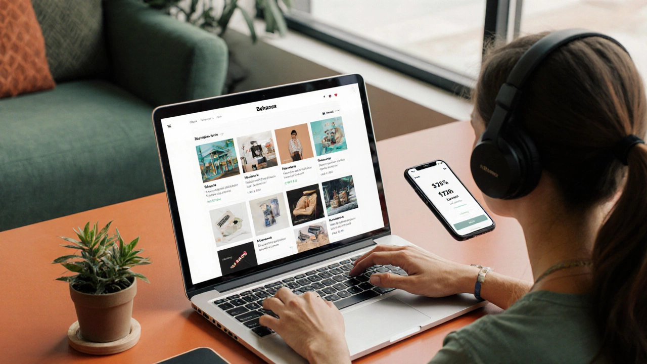 Фрилансер в коворкинге в Майами показывает результаты проектов с ростом продаж на экране.