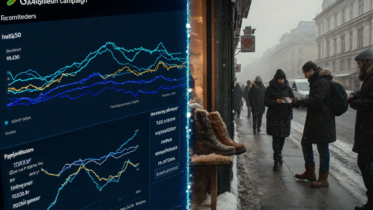 Google Ads linked to GA4 data, syncing audience segments with a Russian winter retail scene.