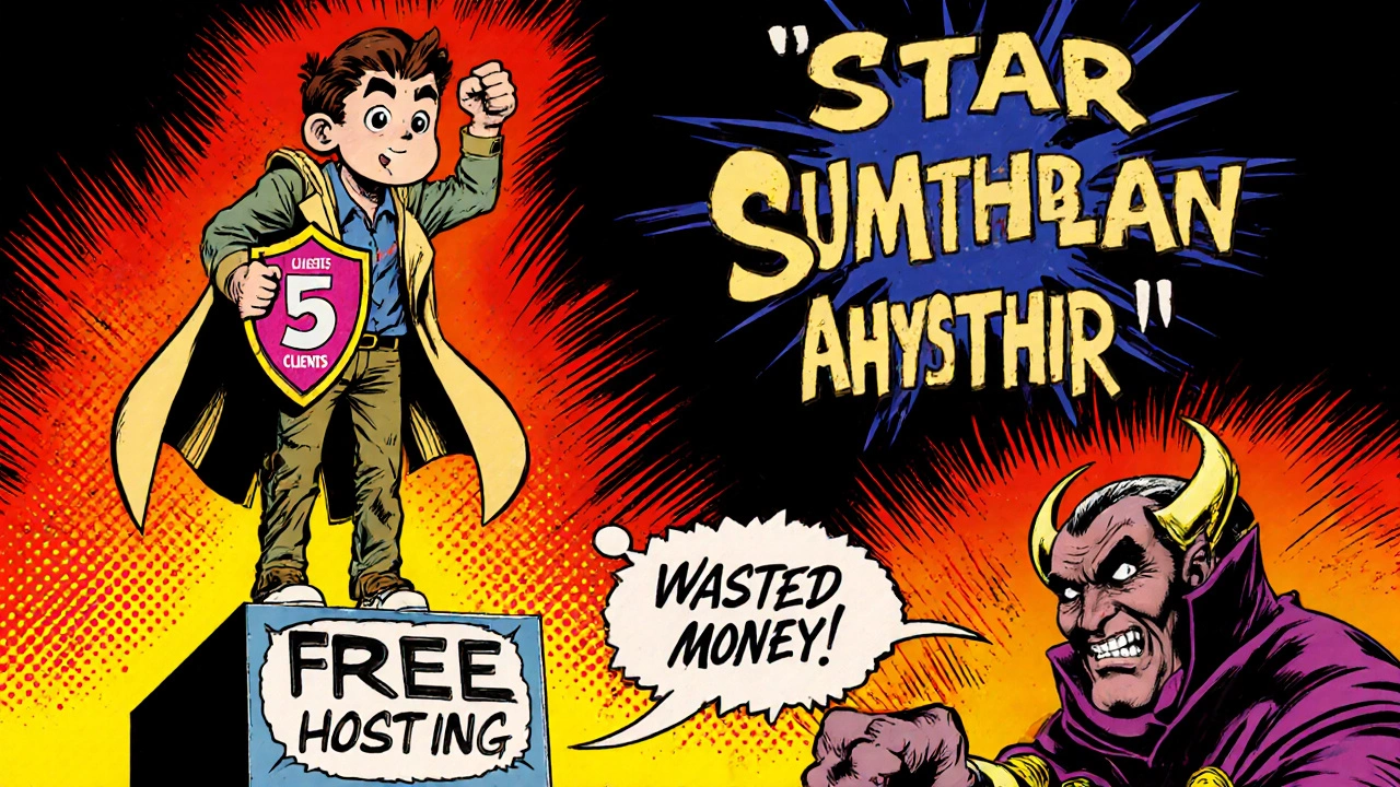 Комикс-сцена: владелец бизнеса побеждает &#039;Потраченные деньги&#039;, держа щит с &#039;5 клиентов&#039; на фоне бесплатного хостинга.