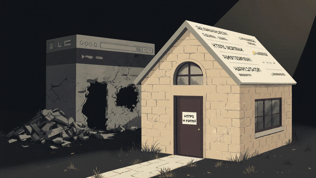 Концептуальное изображение: современный сайт как уютный дом, а устаревший — как руины, символизирующие доверие и пренебрежение.