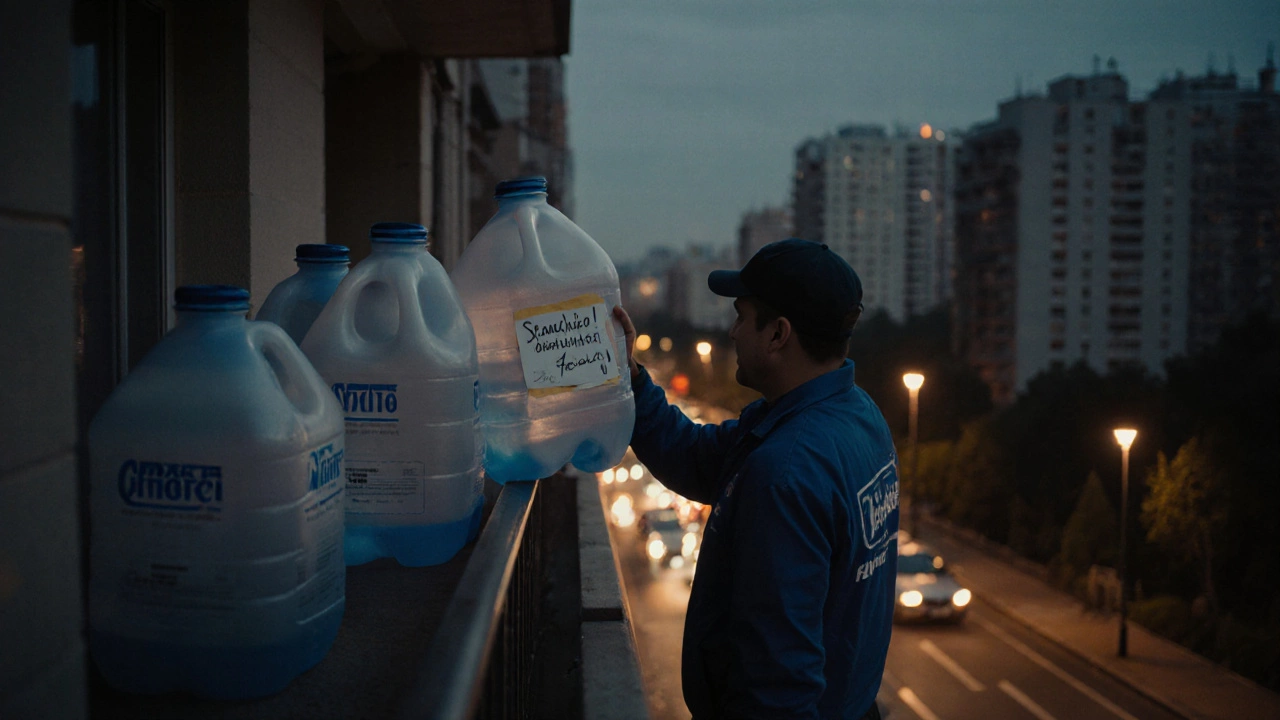 Курьер доставляет канистры воды на балкон в Москве, вечернее освещение, тёплый атмосферный свет.