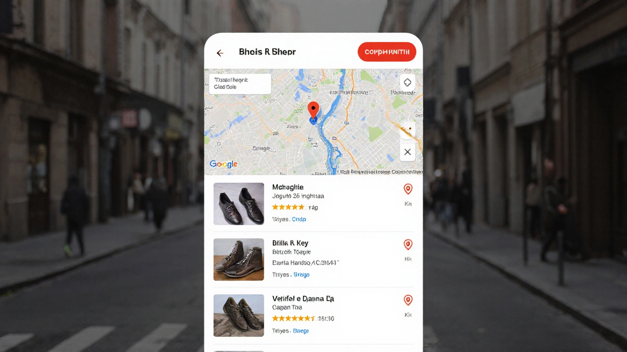 Мобильный экран с сайтом ремонта обуви: крупная кнопка звонка, карта, фото до и после, отзывы с именами и датами.