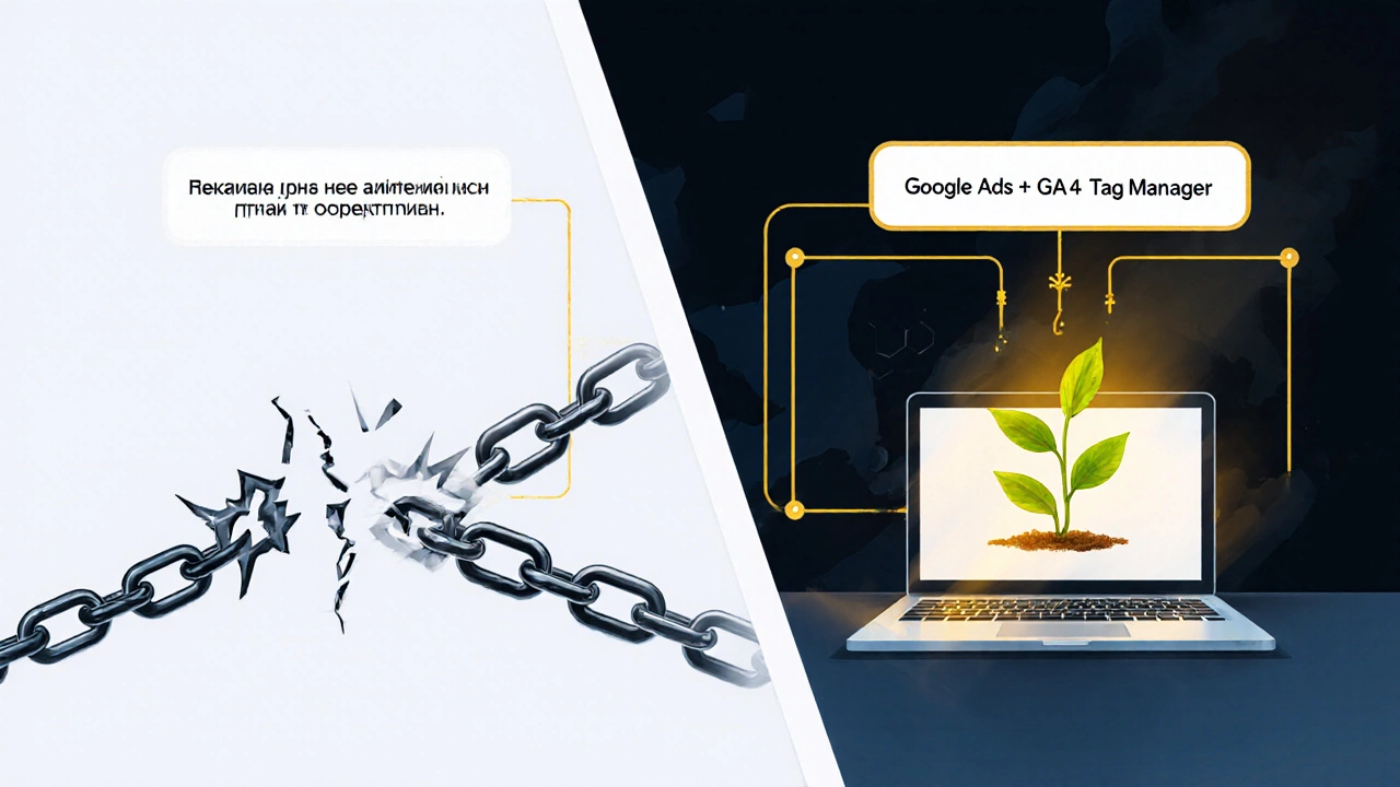 Разорванная цепь против работающей цифровой системы, которая питает растущее растение — символ роста бизнеса.