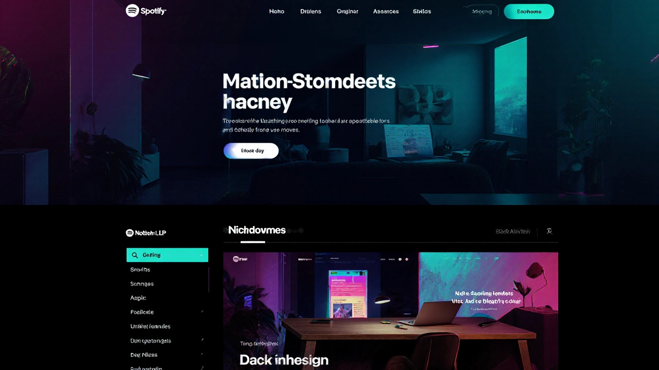 Темный веб-дизайн с неоновыми акцентами и плавной анимацией, напоминающий интерфейс Spotify.