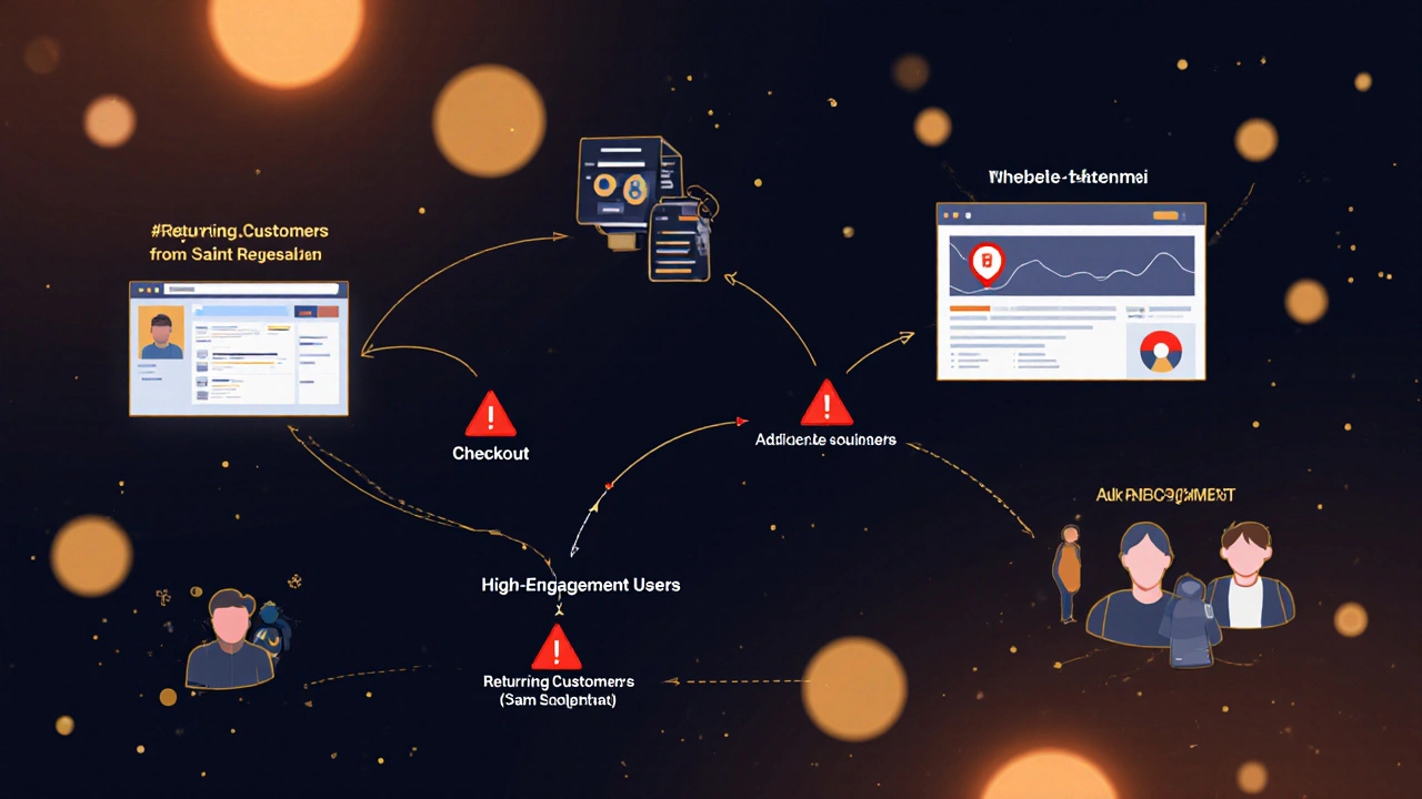 User journey map showing cart abandonment at checkout with segmented audience groups highlighted.