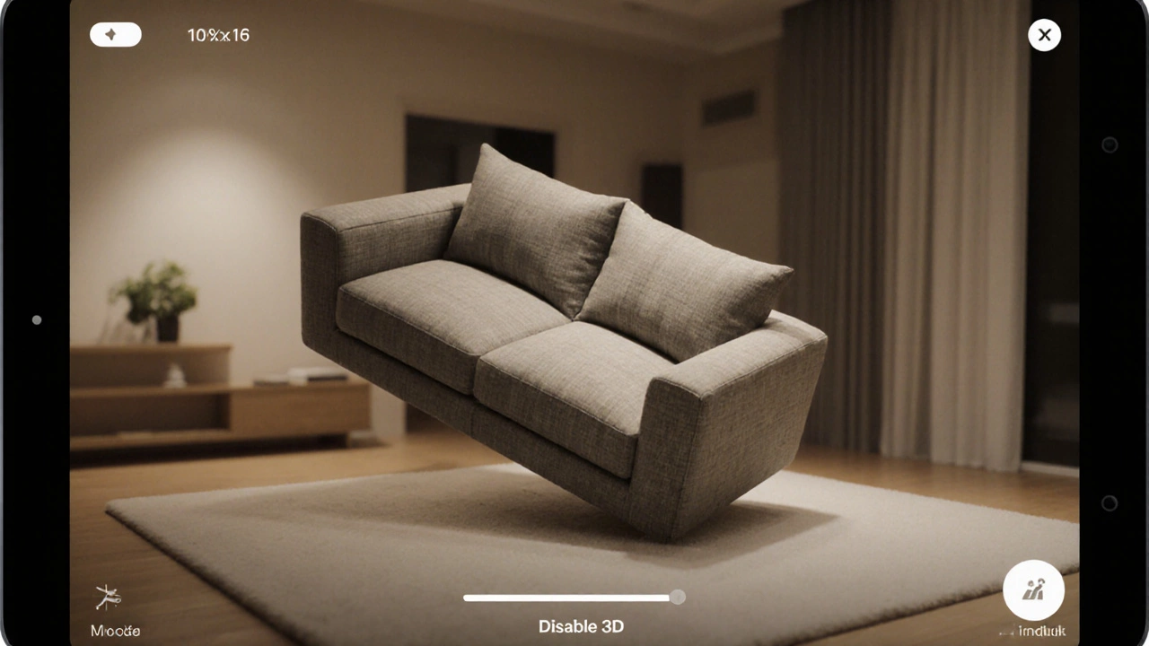 Виртуальный диван вращается в воздухе в реалистичной комнате, пользователь наблюдает за ним через планшет, на экране есть кнопка отключения 3D.