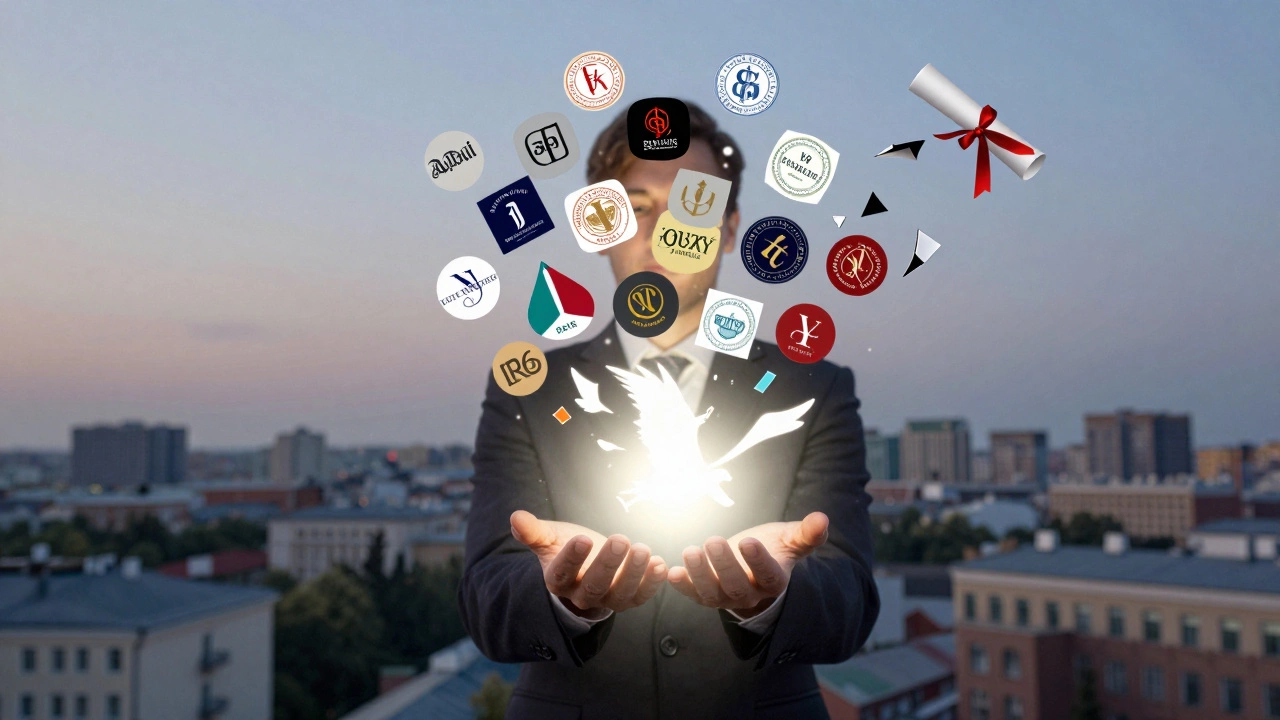 Человек держит портфолио из летящих элементов дизайна, диплом тает за спиной.