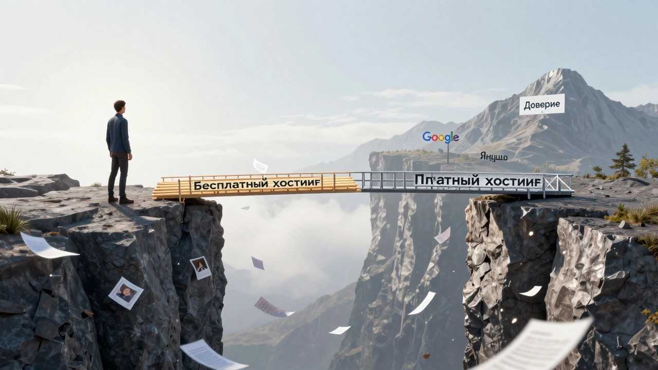 Человек выбирает между хрупким мостом бесплатного хостинга и прочным мостом платного