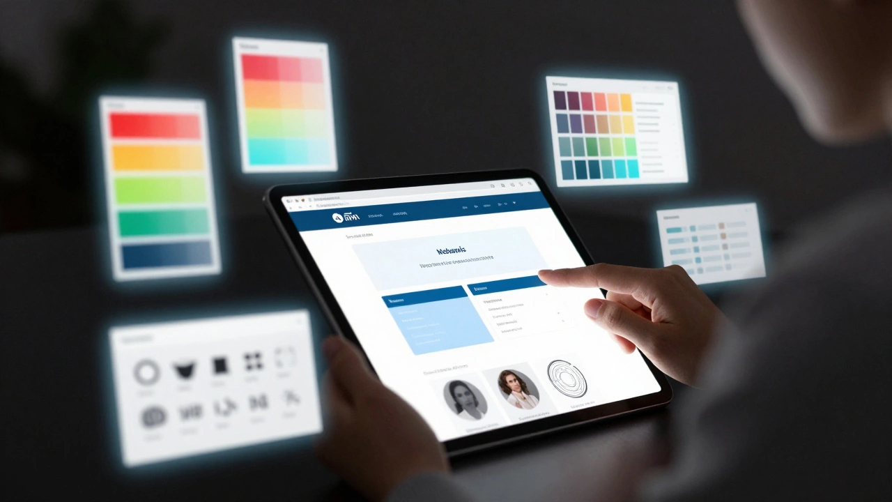 Дизайнер анализирует макет с цветами, шрифтами и сеткой.