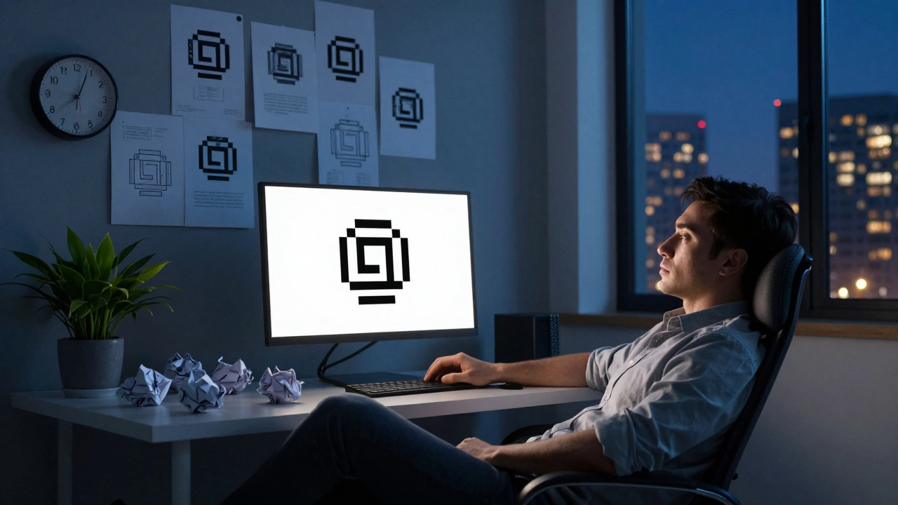 Дизайнер поздно вечером смотрит на логотип, за ним — гора отвергнутых вариантов, за окном — городские огни.