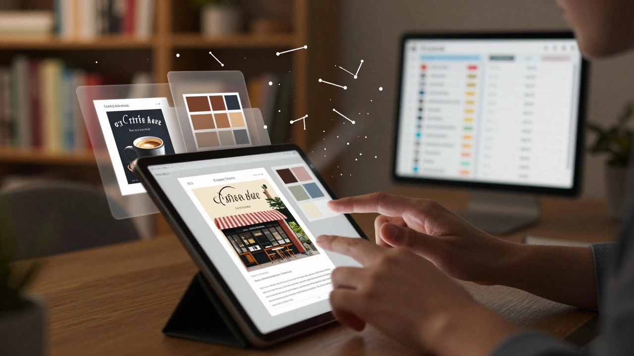 Дизайнер работает над плакатом кофейни, вокруг него витают цветовые схемы и шрифты в цифровом пространстве.