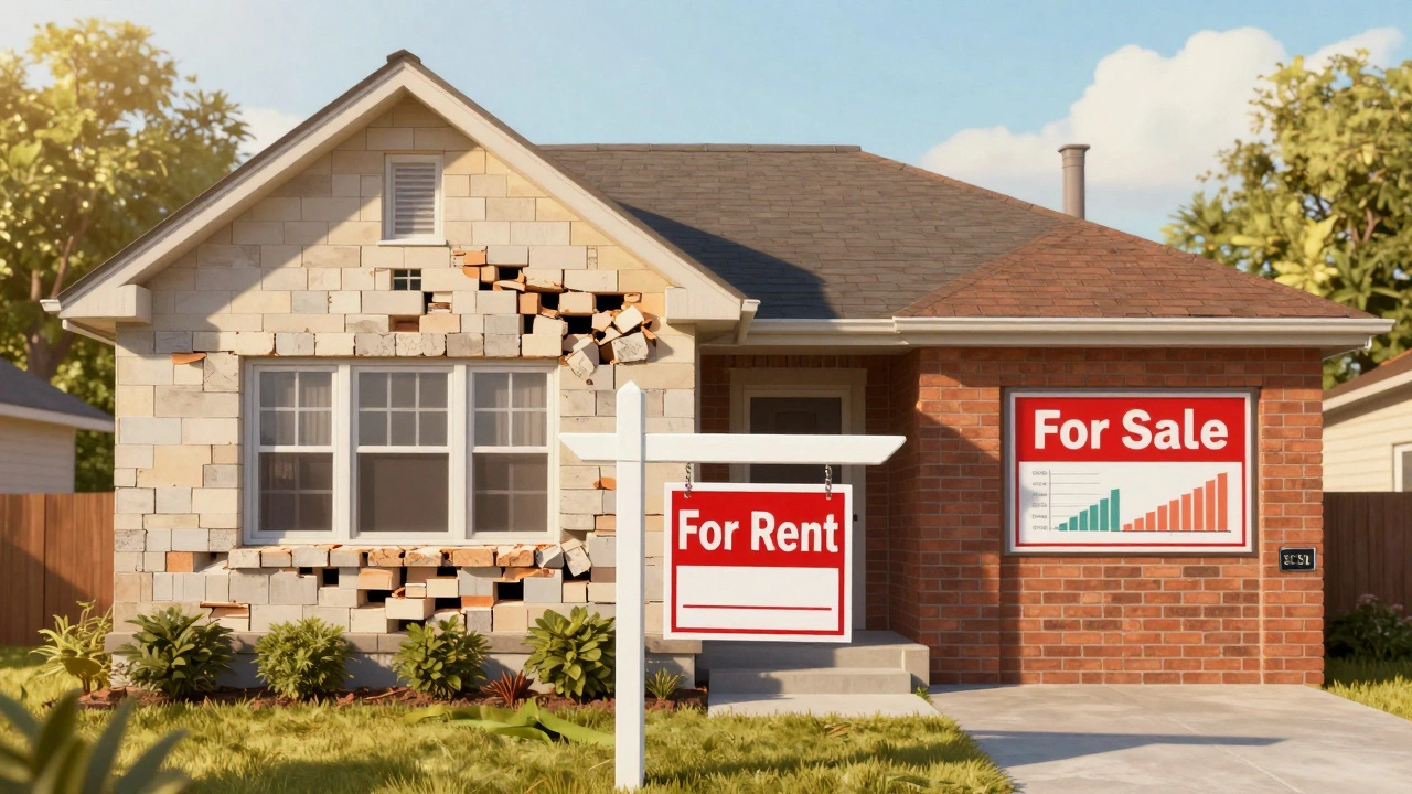 Дом на аренде с падающими блоками рядом с прочным домом с кодом и защитой