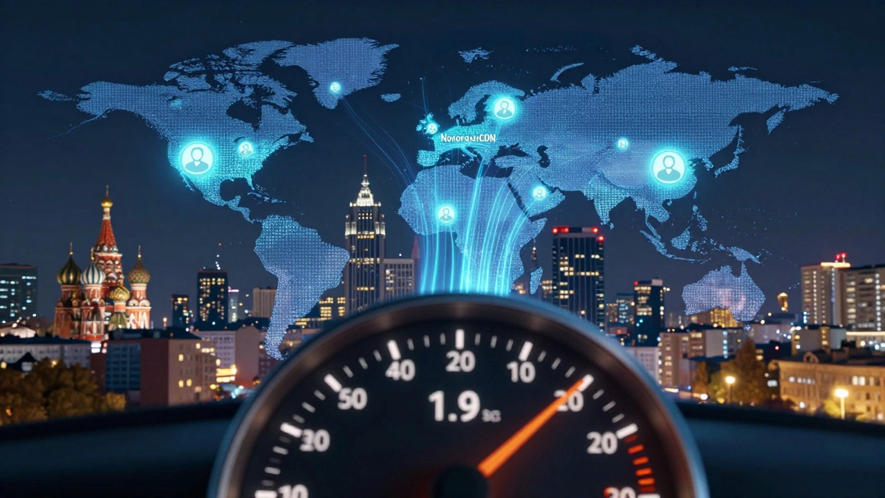 Карта России с CDN-узлами и потоками данных, ускоряющими загрузку сайта до 1.9 секунд.