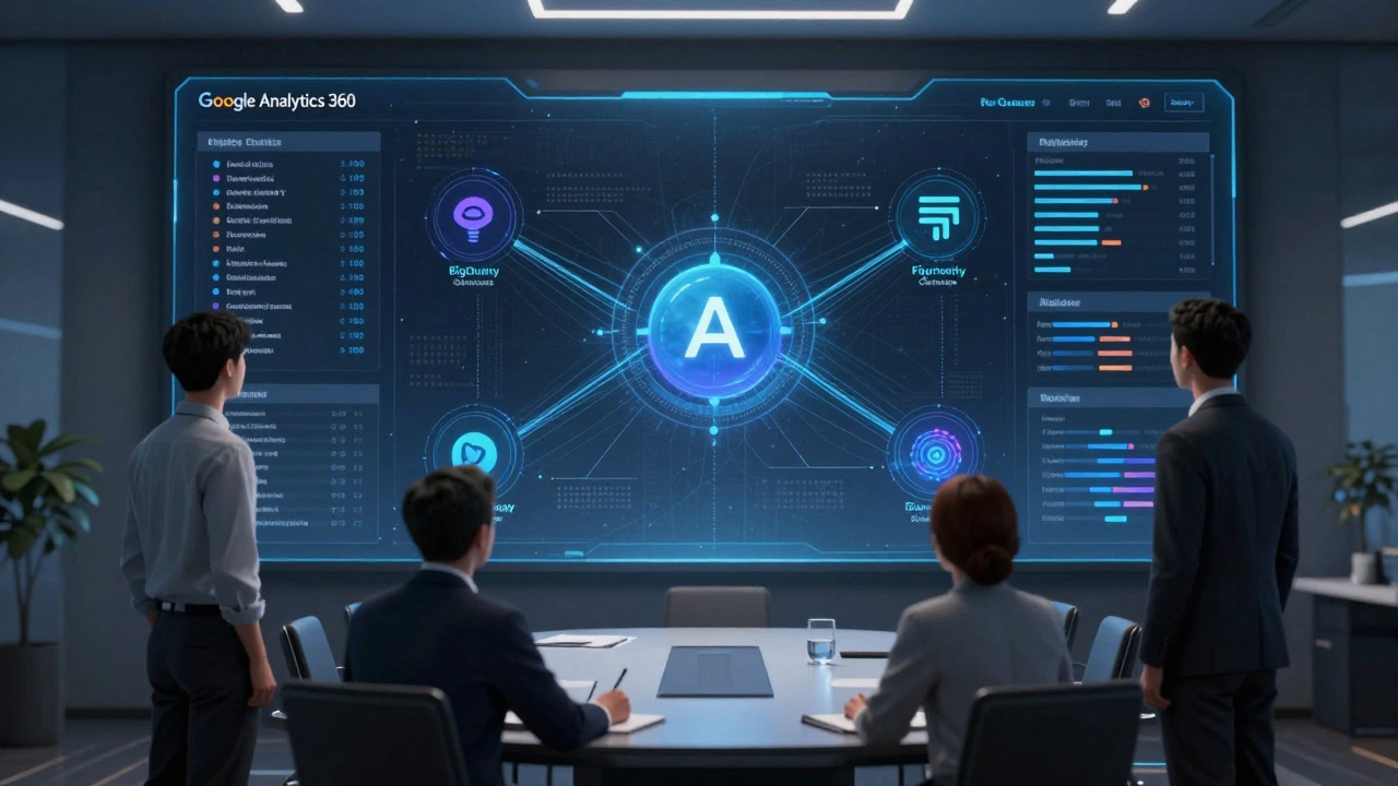 Команда руководителей анализирует голографическую панель Google Analytics 360 в корпоративном зале.