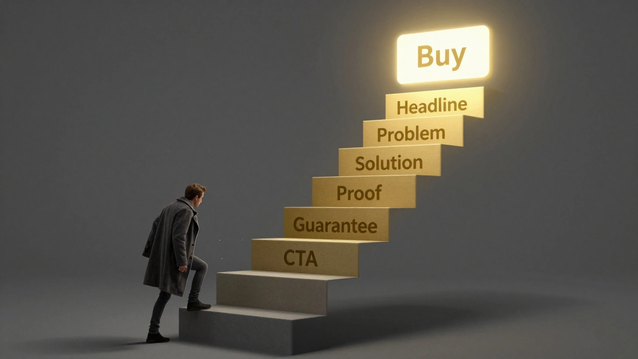 Лестница из текстовых блоков ведет к светящейся кнопке 'Купить', символизируя путь доверия.