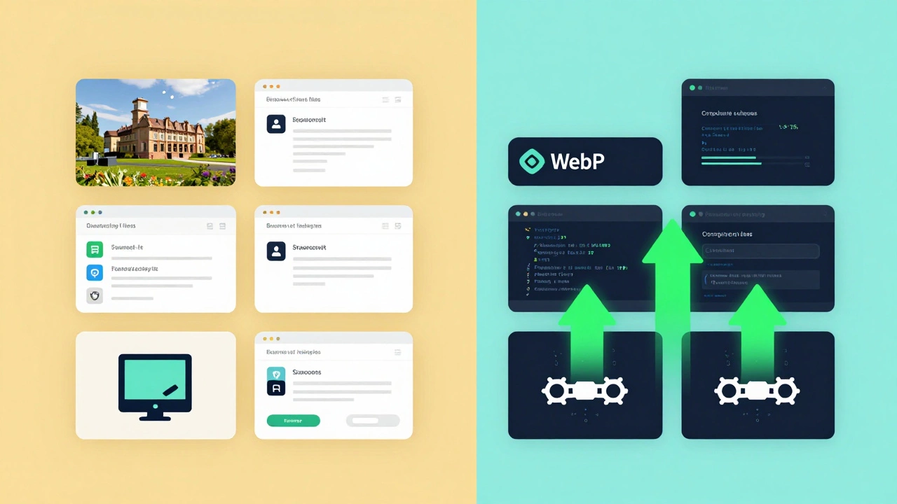 Сравнение медленного сайта с тяжелыми файлами и оптимизированного сайта с WebP и CDN.