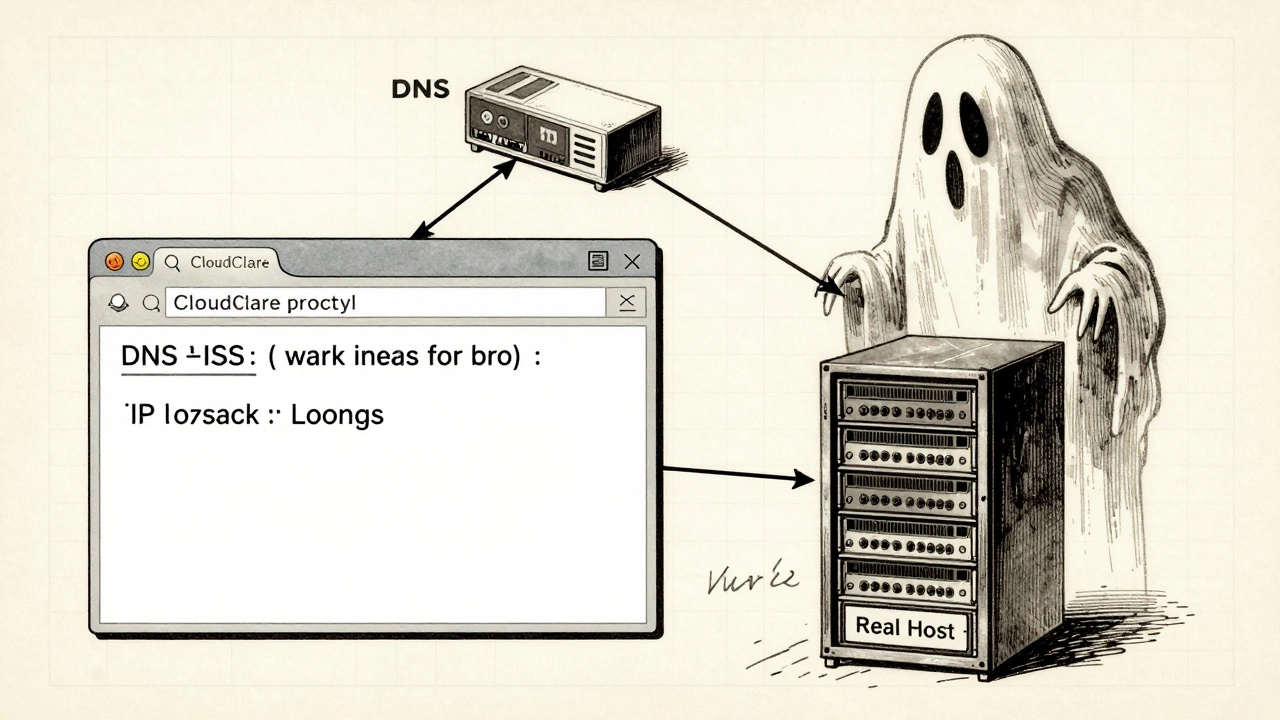 Техническая схема: запрос сайта проходит через DNS и IP-поиск, обходя Cloudflare к реальному хостингу.