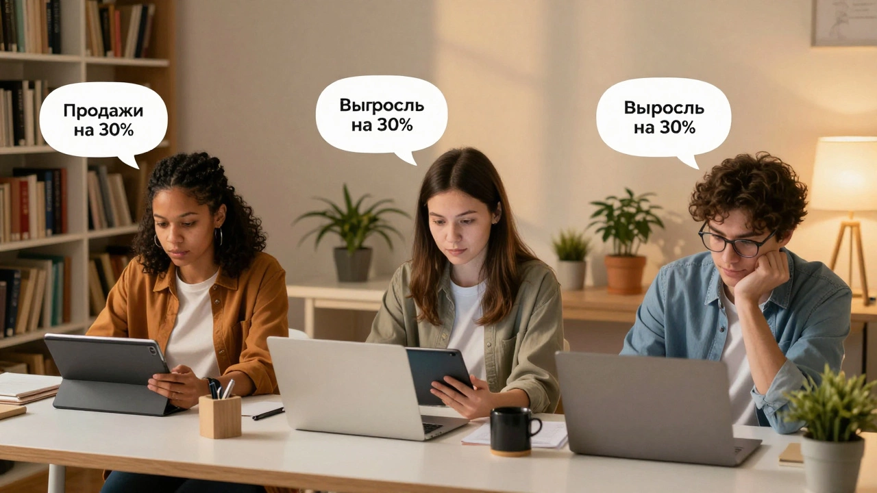 Трое разных людей создают дизайн на устройствах, над ними — отзывы клиентов о росте продаж.