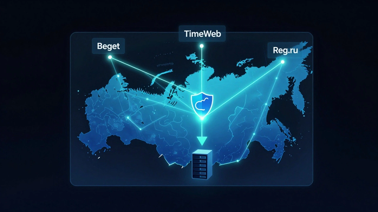Веб-сайт над картой России с подключениями к трем хостинг-провайдерам, Cloudflare скрывает настоящий сервер.