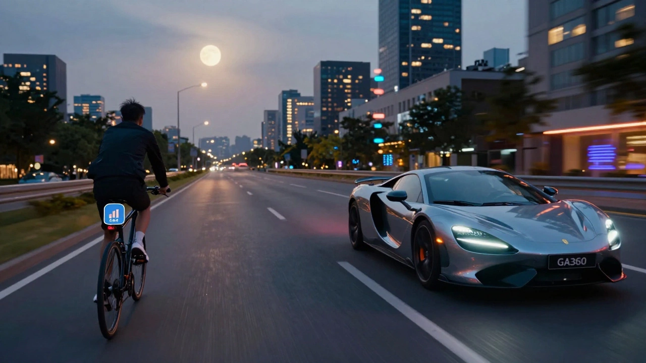 Велосипед и спорткар на дорогах — символ бесплатной и платной аналитики Google.