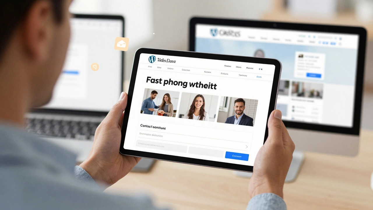 Владелец бизнеса смотрит на быстрый сайт с четким номером телефона и формой обратной связи.