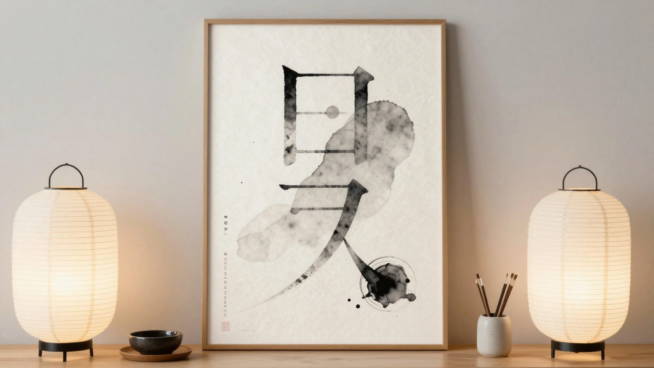 Японский дизайнер рисует минималистичный плакат с тушью и бумажными фонарями в тихой студии.